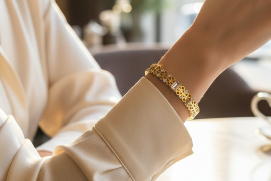 Gold bangle with white stones