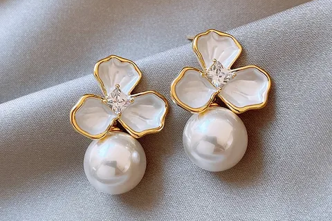 Triple Petal Floral Pearl Earrings