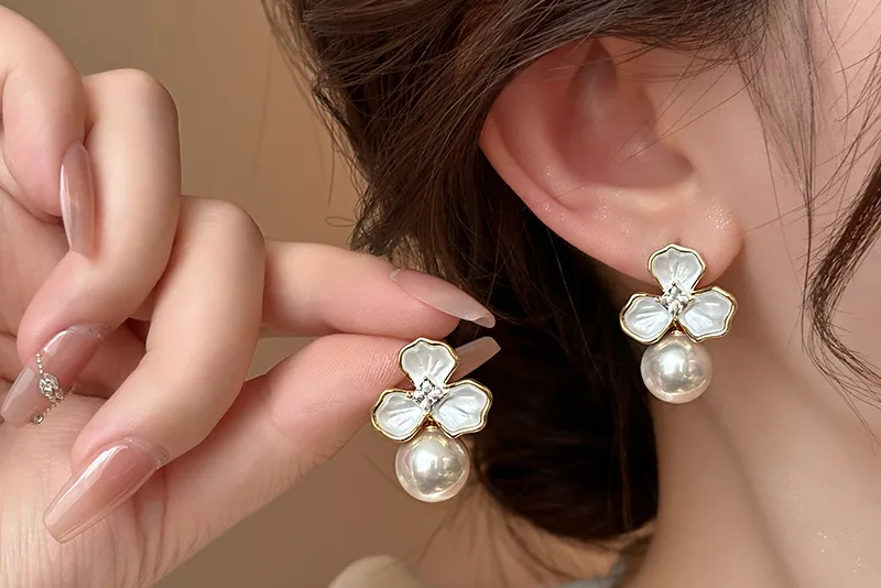 Triple Petal Floral Pearl Earrings