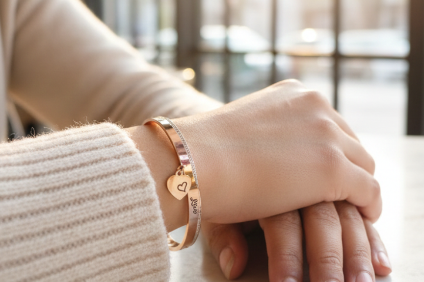 Rose gold bangle engraved with Love