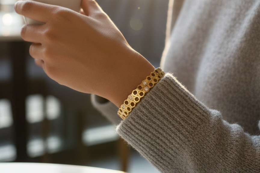 Honeycomb design Bangle with stones