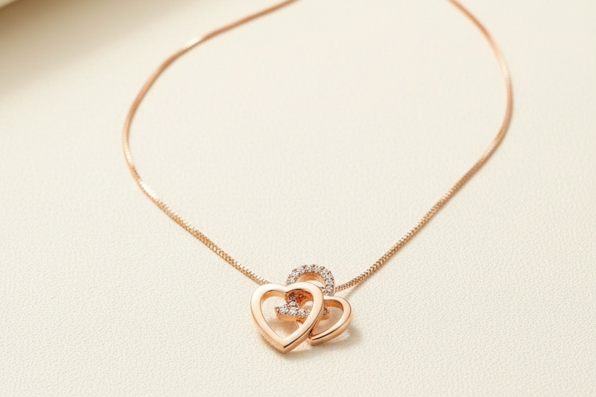 Rose gold necklace with a heart-shaped pendant on a light beige background