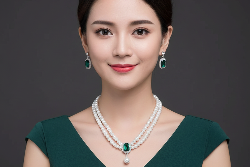 Pearl with Green pendent Necklace Set