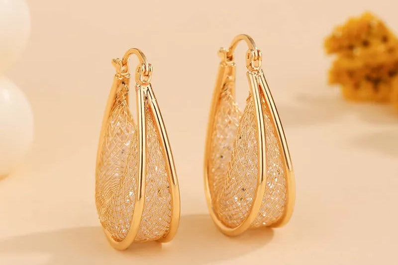 Golden Hollow Mesh Crystal Earrings