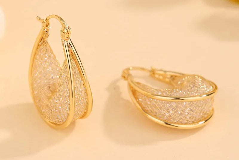 Golden Hollow Mesh Crystal Earrings