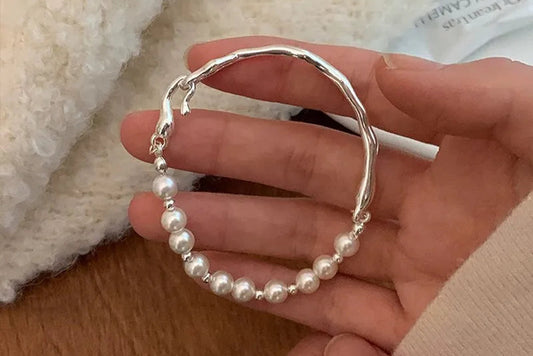 Irregular Geometric Pattern silver pearl Bracelet