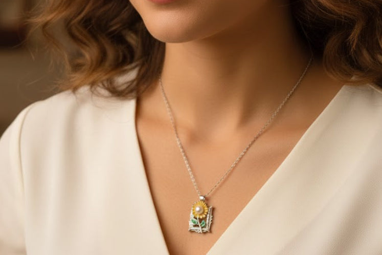 Woman wearing a necklace with a pendant in a softly lit indoor setting